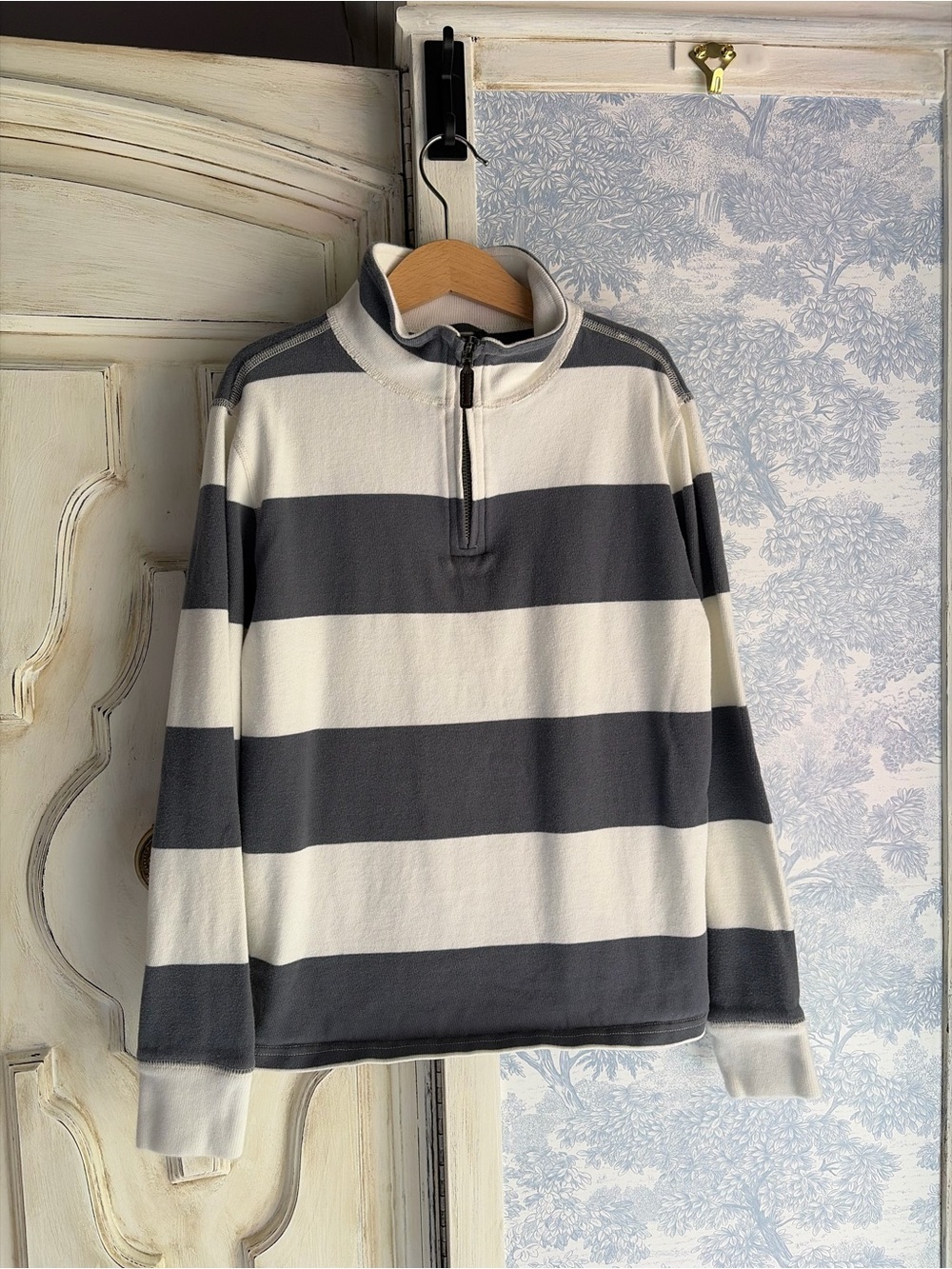 Boy’s Half-Zip Striped Sweater - Gray & White